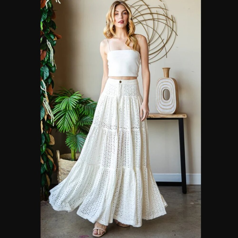 H1069 OLI & HALI Mineral Wash White Eyelet Tiered Maxi Skirt
